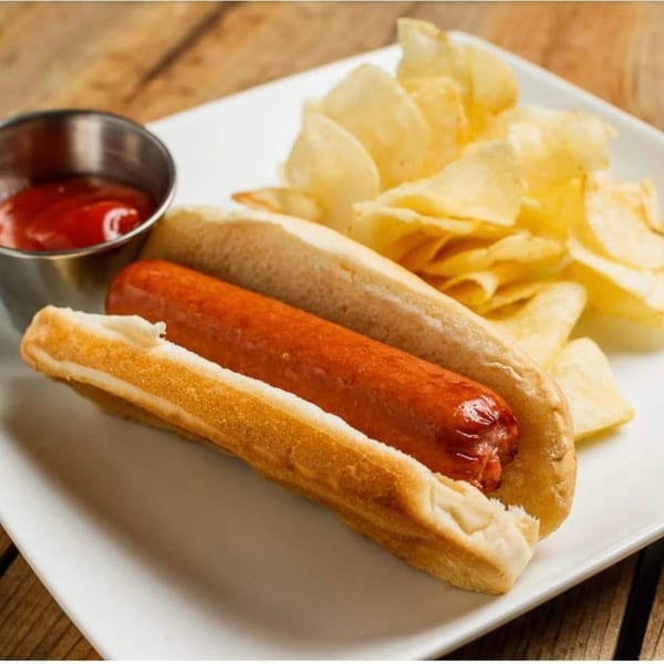 Hot dog in a bun with a side of potato chips and ketchup on a white plate.